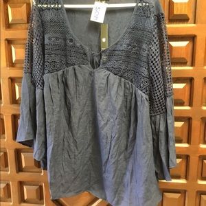 Blue boho style 3/4 bell sleeve blouse